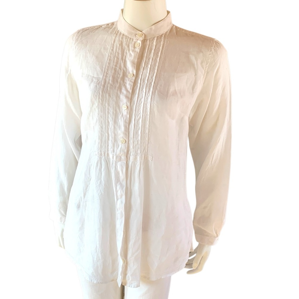LL Bean Linen Poet Blouse Mandarin Collar Small